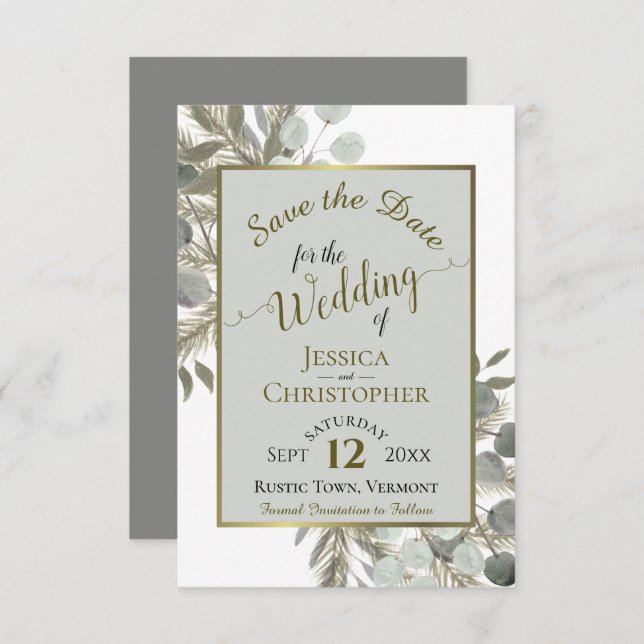 Rustic Watercolor Eucalyptus & Pine Grey Wedding Save The Date (Front/Back)