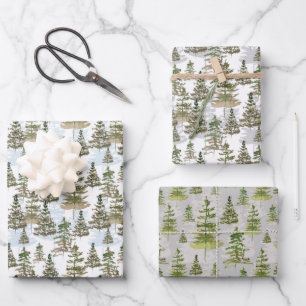 Rustic Watercolor Evergreen Pine Tree Christmas  Wrapping Paper Sheet