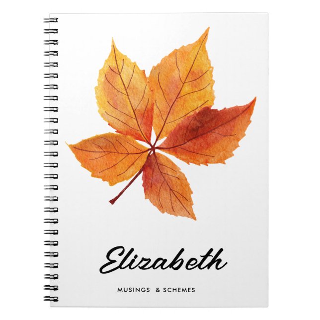 Rustic Watercolor Fall Autumn Leaf Monogram Notebook (Front)