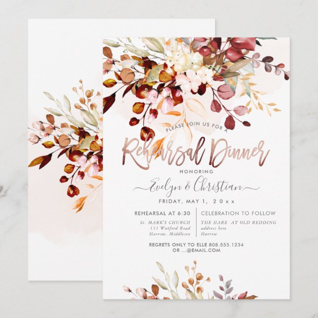 Rustic Watercolor Fall Eucalyptus Rehearsal Dinner Invitation (Front/Back)