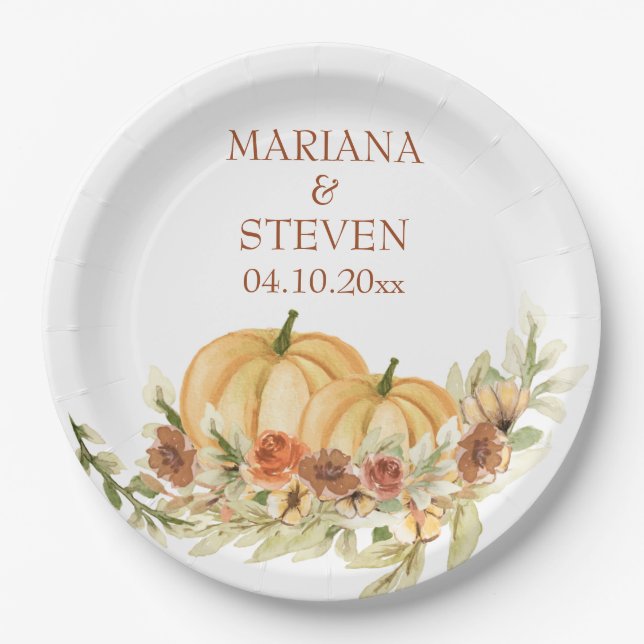 Rustic Watercolor Fall in Love Pumpkin Wedding Paper Plate (Front)