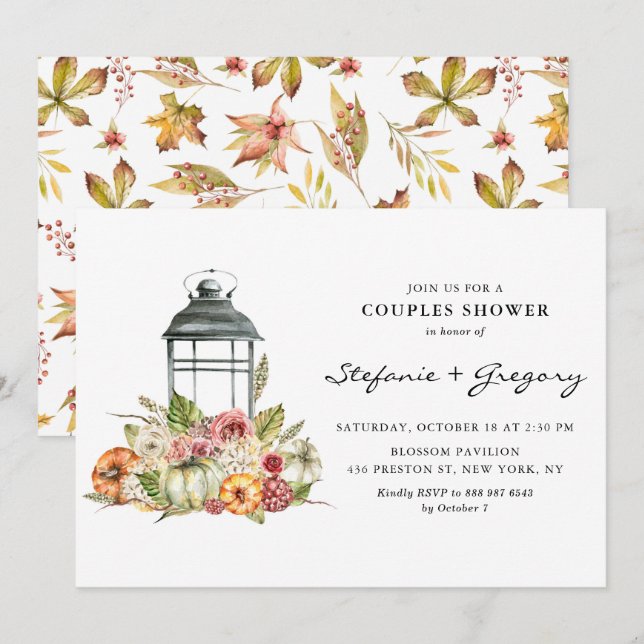 Rustic Watercolor Fall Lantern Couples Shower Invitation (Front/Back)