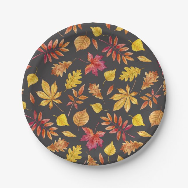 Rustic Watercolor Fall Leaves Pattern Autumn Party Paper Plate (Front)