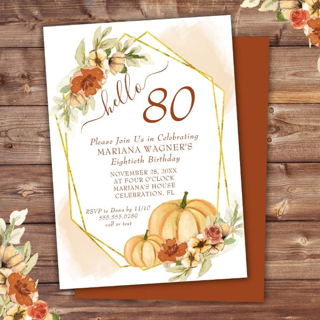 Rustic Watercolor Fall Pumpkin 80th Birthday Invitation (Creator Uploaded)