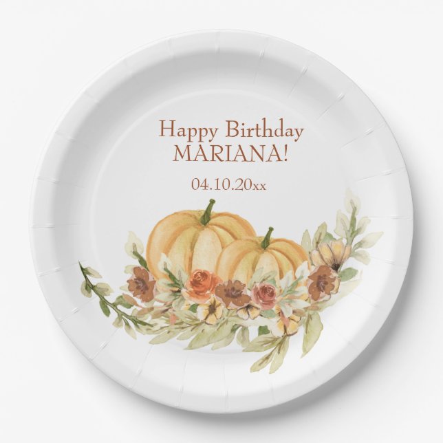 Rustic Watercolor Fall Pumpkin Birthday Party Paper Plate (Front)