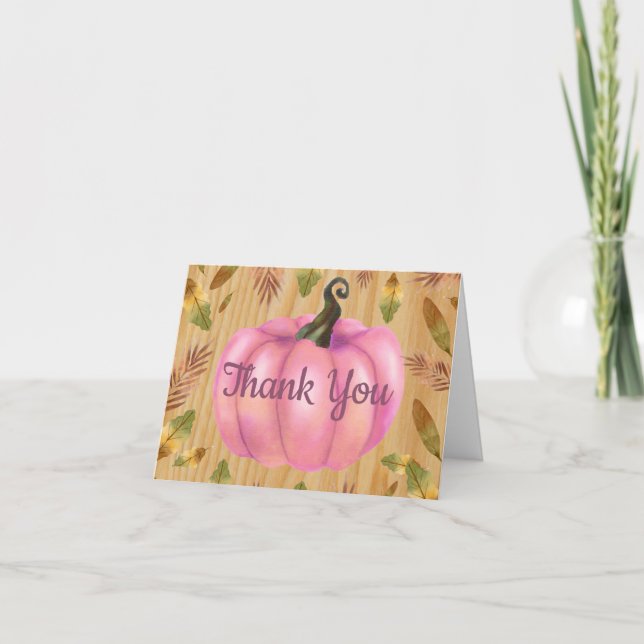 Rustic Watercolor Fall Pumpkin Pink Thank You card (Front)