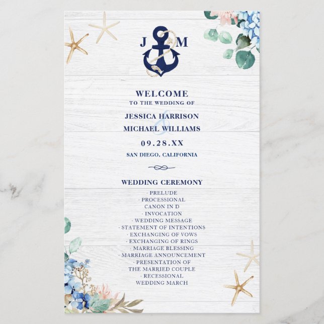 Rustic Watercolor Floral Beach Wedding Program (Front)