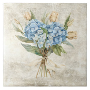 Rustic Watercolor Floral Blue Hydrangea  Tile