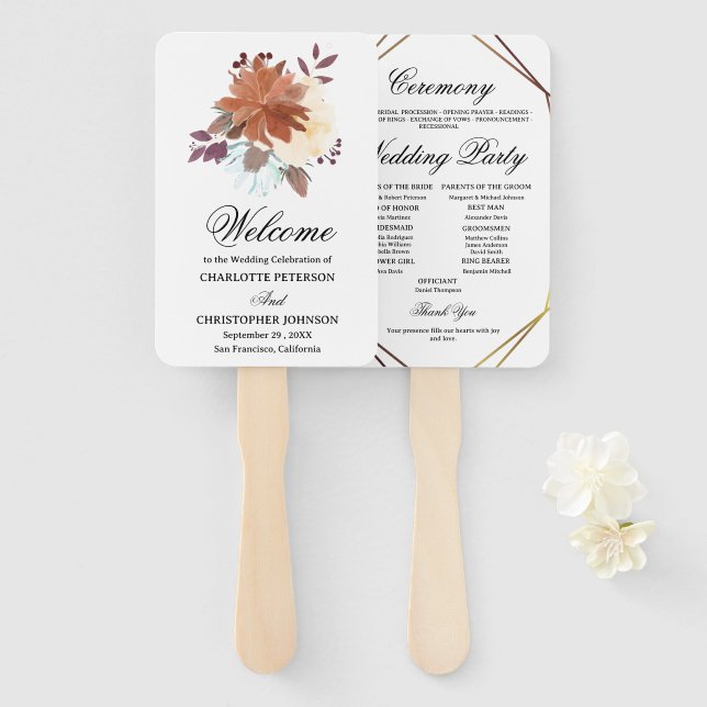 Rustic Watercolor Floral  Boho Wedding Program  Hand Fan (Front and Back)