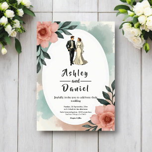 Rustic Watercolor Floral Bride And Groom Wedding Invitation
