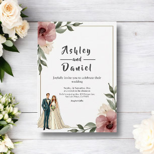 Rustic Watercolor Floral Couple Summer Wedding Invitation