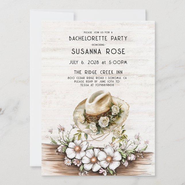 Rustic Watercolor Floral cowgirl Hat Bachelorette  Invitation (Front)