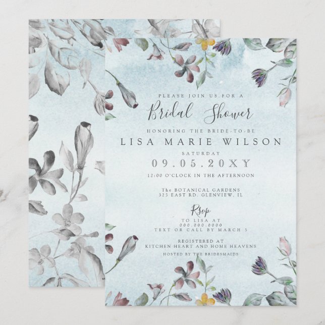 Rustic Watercolor Floral Dusty Blue Bridal Shower Invitation (Front/Back)