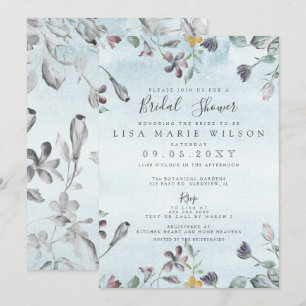 Rustic Watercolor Floral Dusty Blue Bridal Shower Invitation