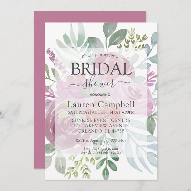 Rustic Watercolor Floral Dusty Rose Bridal Shower Invitation (Front/Back)