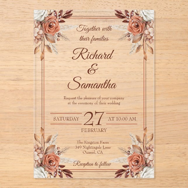 Rustic Watercolor Floral Frame Boho Wedding Acrylic Invitations (Front)