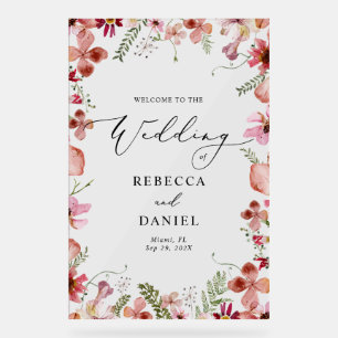 Rustic Watercolor Floral Frame Welcome Wedding  Acrylic Sign