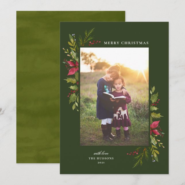 Rustic Watercolor Floral Green Holiday Card (Front/Back)