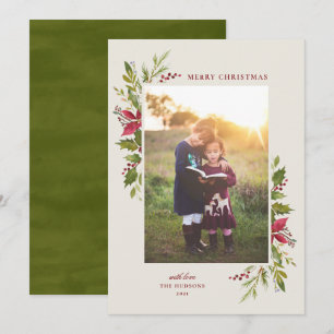 Rustic Watercolor Floral Green Holiday Card