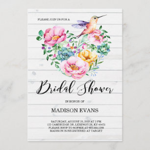 Rustic Watercolor Floral Hummingbird Bridal Shower Invitation