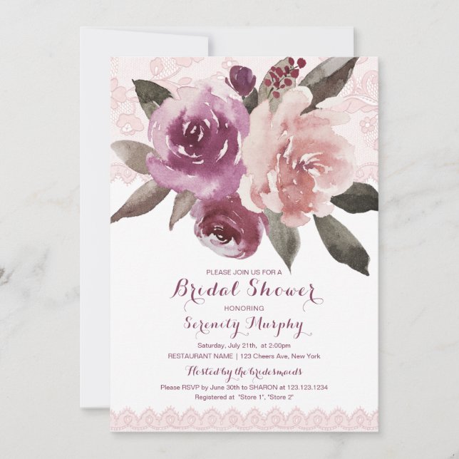 Rustic watercolor floral lace bridal shower invitation (Front)