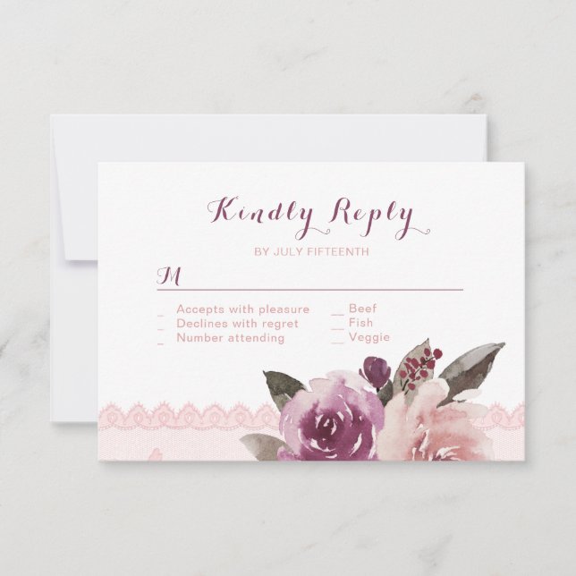 Rustic watercolor floral lace fall wedding RSVP Card (Front)