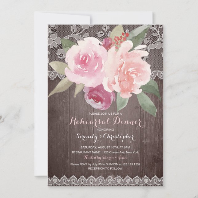 Rustic watercolor floral lace rehearsal dinner invitation (Front)