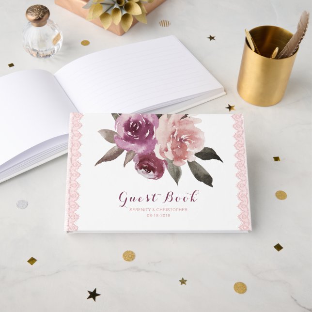 Rustic watercolor floral lace wedding guest book (Front Open)