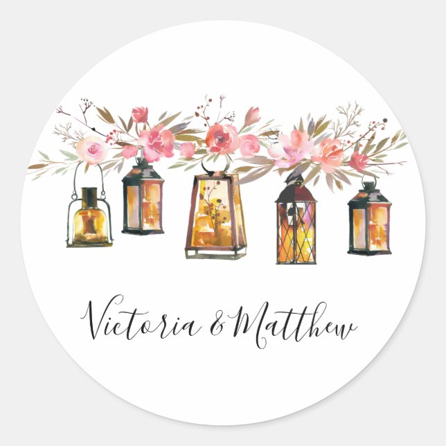 Rustic Watercolor Floral Lantern Personalized Classic Round Sticker (Front)