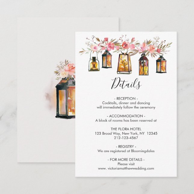 Rustic Watercolor Floral Lantern Wedding Details Invitation (Front/Back)