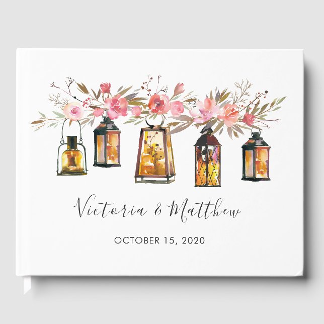 Rustic Watercolor Floral Lantern Wedding Guest Book (Front)