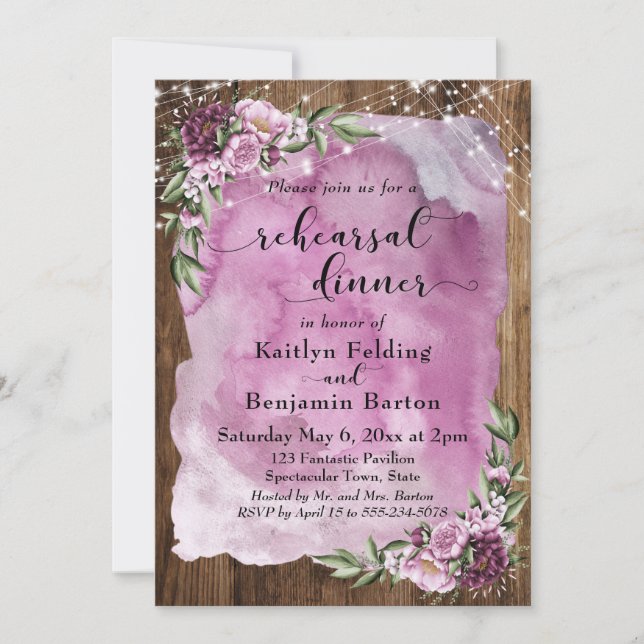Rustic Watercolor Floral Lights Rehearsal Dinner Invitation (Front)