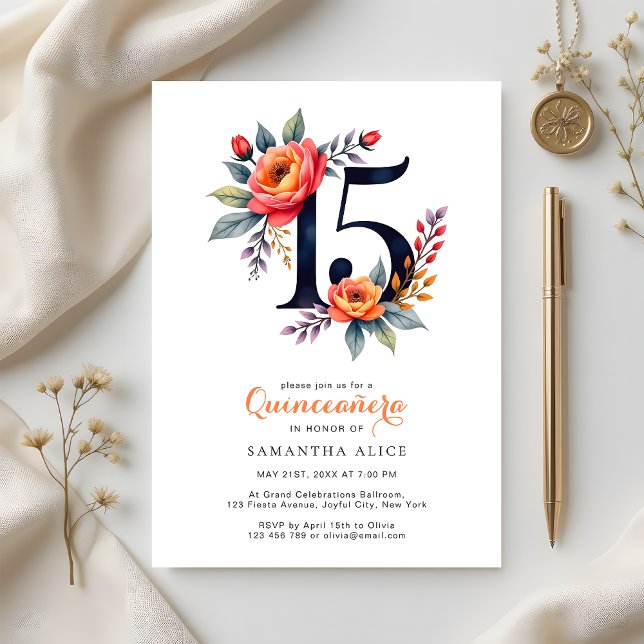 Rustic Watercolor Floral Number 15 Quinceanera Invitation (Creator Uploaded)