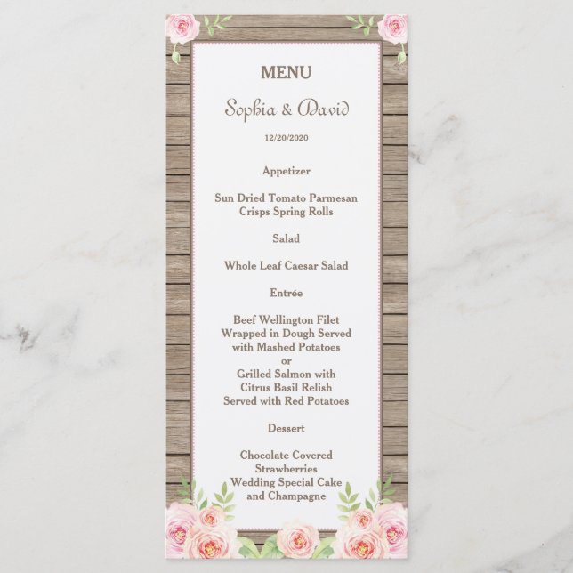 Rustic Watercolor Floral Old Wood Wedding Menu (Front)