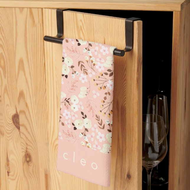 Rustic Watercolor Floral Pattern Personalized Kitchen Towel (Thirds Fold)