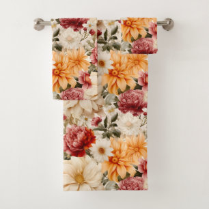 Rustic Watercolor Floral Print Orange Fall Bath Towel Set