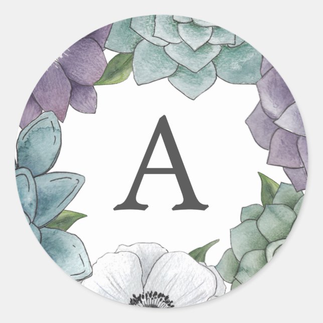 Rustic Watercolor Floral Succulents Monogram Classic Round Sticker (Front)