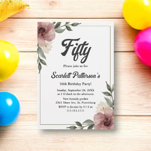 Rustic Watercolor Floral Summer 50th Birthday Invitation