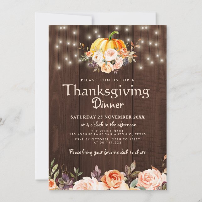 Rustic watercolor floral thanksgiving dinner invitation (Front)