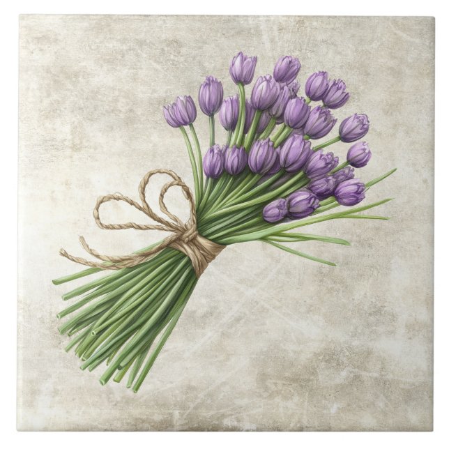 Rustic Watercolor Floral Tulips with Twine Design Tile (Front)