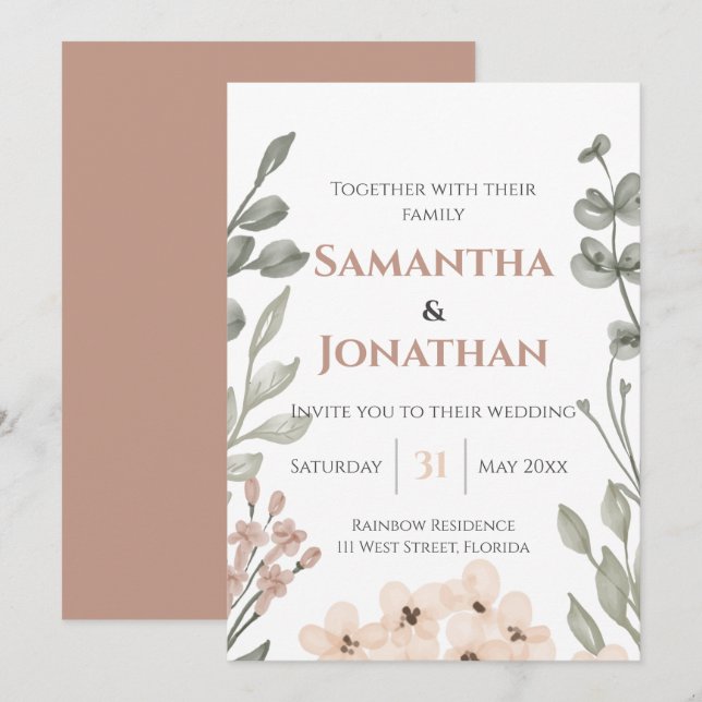 Rustic Watercolor Floral Wedding Invitation (Front/Back)