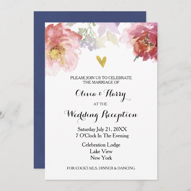 Rustic Watercolor Floral Wedding Reception Card (Front/Back)