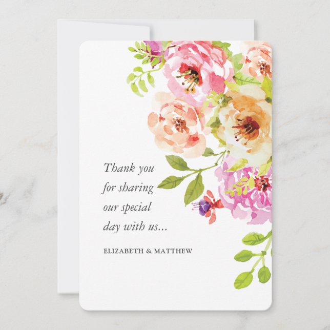 Rustic Watercolor Floral Wedding Thank You Card (Front)