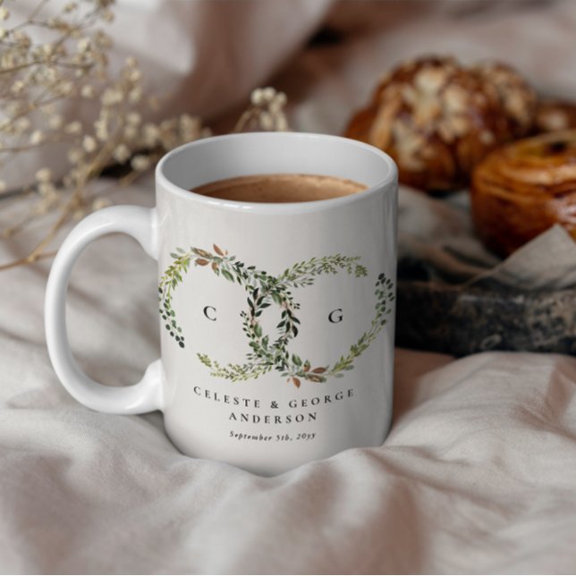 Rustic watercolor floral wreath monogram wedding coffee mug (Creator Uploaded)