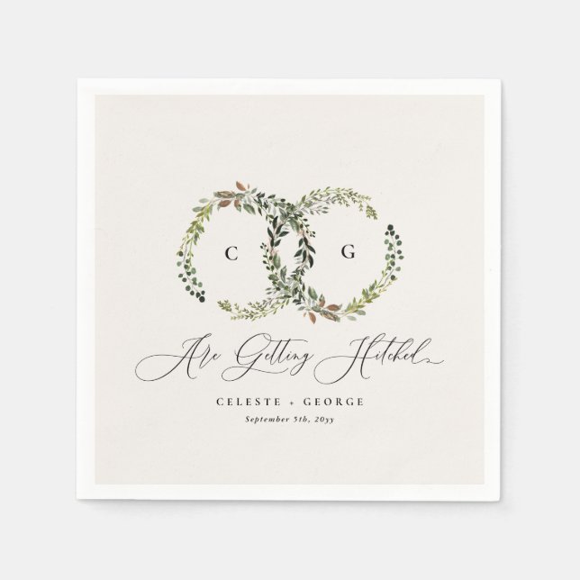 Rustic watercolor floral wreath monogram wedding napkin (Front)