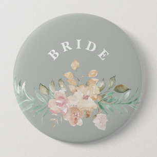 Rustic Watercolor Florals on Sage Green Bride 4 Inch Round Button