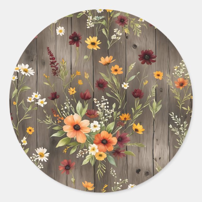 Rustic Watercolor Florals with Wildflowers  Classic Round Sticker (Front)