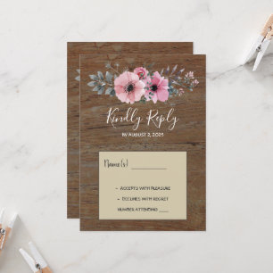 Rustic watercolor flowers barn wood wedding RSVP Invitation