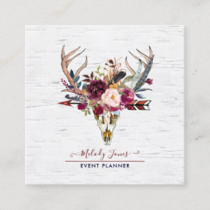 RUSTIC WATERCOLOR FLOWERS, BOHO SKULL+ARROW SQUARE BUSINESS CARD