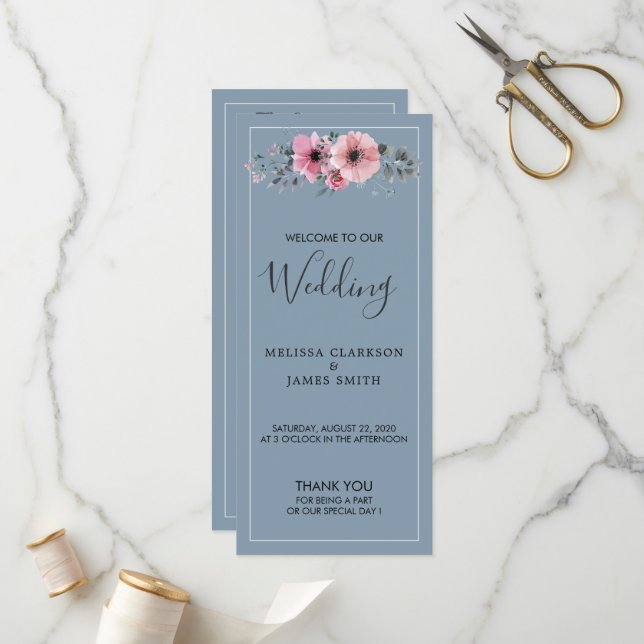 Rustic watercolor flowers dusty blue wedding program (Front/Back In Situ)